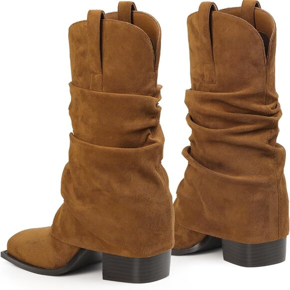 Women's Suede Cowboy Boots Mid Calf Chunky Heel Fold Over Western Casual - Picture 4 of 8